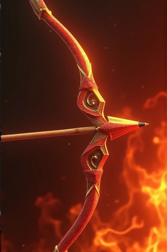 Generate picture of a big Bow and arrows. Red- golden colored bow. Background is to be of fire   
