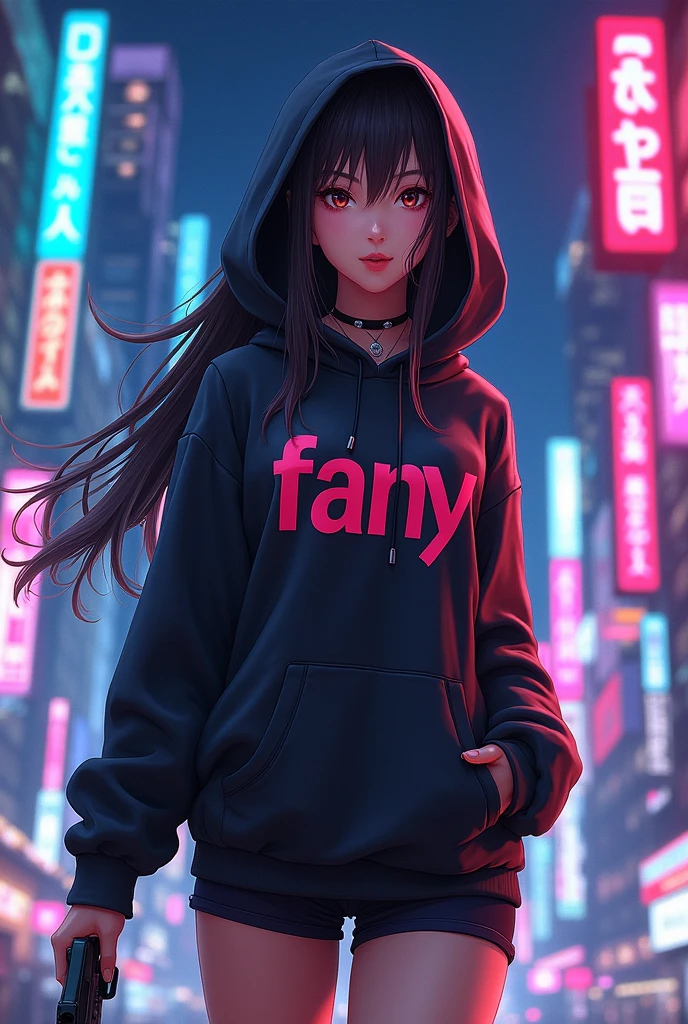 Create a character anime {{background: capital text “GLBK”, night city}}, 
tanned skin, realistic, HDR, beautiful, japan style, full body, use piastol, age 20, hoodie HD text: “FANY”, female, long hair