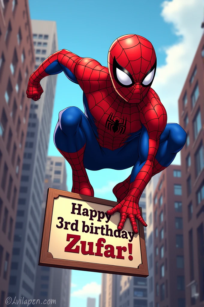 Spiderman on action and hold board state "Happy 3rd Birthday Zufar!"