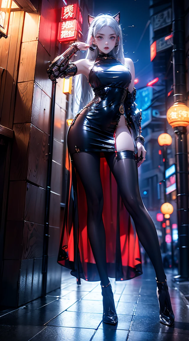 masterpiece,Best quality,high resolution, 1 busty girl,From below,(The legs are very thin and straight)，,(Very long legs，Straight Legs),,High heel,Long Law,stand up, Leg length from the front, Perfect body,Have perfect legs，Cyberpunk Characters，Dynamic poses，1 busty girl，Exquisite eyes，blue eyes，Eyeshadow，make up，Long white hair， Delicate face， Delicate eyes， Looking at the audience， Blush Blush， Full lips， Red lips，（Long white hair：1.3）， Cat ear，（stand up）Mechanical static，Mechanical Summoning，(Hair accessories:1.1)，((((black色旗袍))))，(black，pantyhose garters)，City，Luminous winding，Glowing Butterfly，Cyberpunk Lights:1.1)，Neon lights，Full of mechanical and futuristic elements，technology，背景是中国传统street，China Town， street， sky sky， Cyberpunk Characters， paper lantern， Neon Super Resolution，（Reality：1.3），1（Slim：1.2），Dramatic Lighting，Vivid details，Luxury Cyberpunk，Complex background，Rendered by Octane，