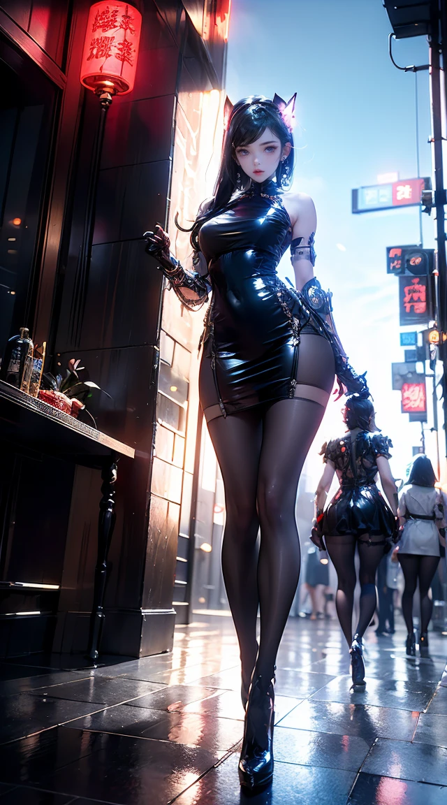 masterpiece,Best quality,high resolution, 1 busty girl,From below,(The legs are very thin and straight),,(Very long legs,Straight Legs),,High heel,Long Law,stand up, Leg length from the front, Perfect body,Have perfect legs,Cyberpunk Characters,Dynamic poses,1 busty girl,Exquisite eyes,blue eyes,Eyeshadow,make up,Long white hair, Delicate face, Delicate eyes, Looking at the audience, Blush Blush, Full lips, Red lips,(Long white hair:1.3), Cat ear,(stand up)Mechanical static,Mechanical Summoning,(Hair accessories:1.1),((((black色旗袍)))),(black,pantyhose garters),City,Luminous winding,Glowing Butterfly,Cyberpunk Lights:1.1),Neon lights,Full of mechanical and futuristic elements,technology,背景是中国传统street,China Town, street, sky sky, Cyberpunk Characters, paper lantern, Neon Super Resolution,(Reality:1.3),1(Slim:1.2),Dramatic Lighting,Vivid details,Luxury Cyberpunk,Complex background,Rendered by Octane,