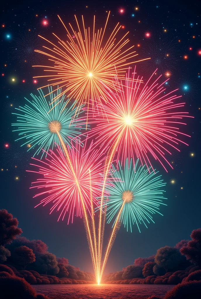 Colorful Happy New Year greeting with festive fireworks and trumpets png