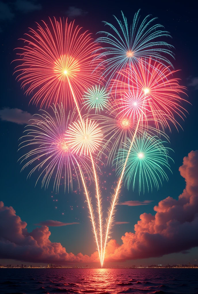 Colorful Happy New Year greeting with festive fireworks and trumpets png