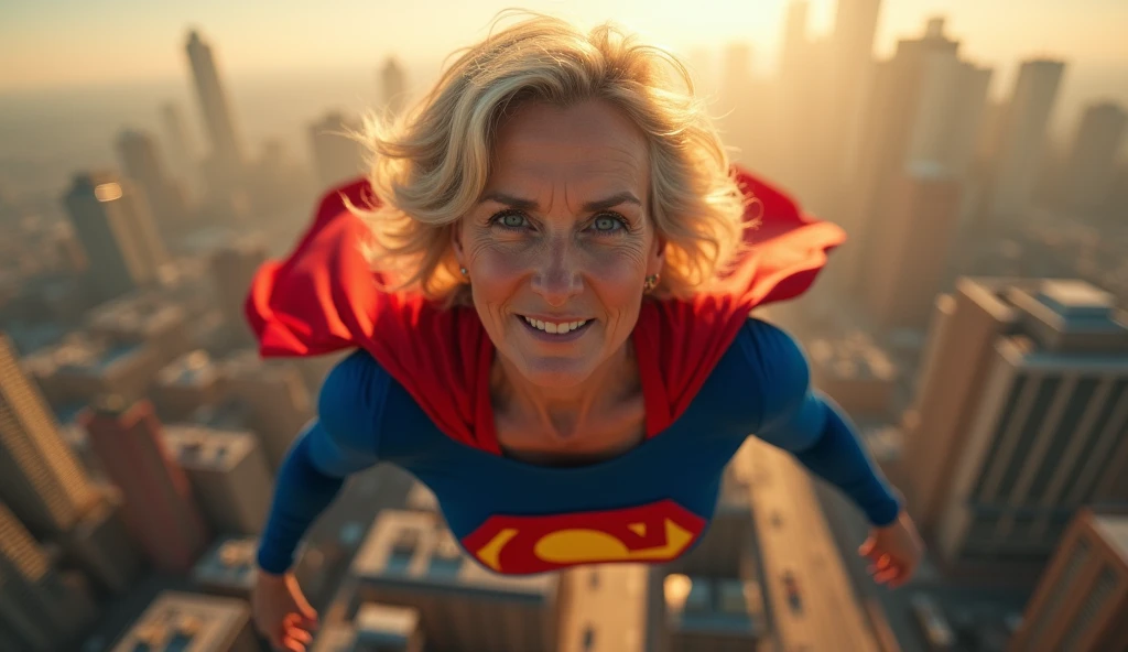 Supergirl Julie Hagerty(((very beautiful old Supergirl (((1984s costume))); Julie Hagerty))) Super old woman Julie Hagerty; looking up, confident, powerful, indestructible, attractive; big and firm chest, floating high above the city, sunlight streaming through the clouds, dramatic pose, cinematic lighting, colorful cityscape below, gritty urban environment, intricate details, hyper-realistic, 8k, cinematic, dramatic, grandiose, superhero, flying, cape flowing, muscular, confident, powerful, determined expression, glowing eyes, lens flare, volumetric lighting, cinematic camera angle, dramatic shadows and highlights, photorealistic, vibrant colors, highly detailed, masterpiece