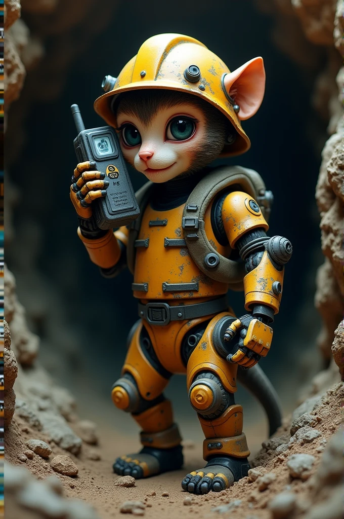 Tarsius robot works in a mine wearing a helmet while holding a walkie-talkie