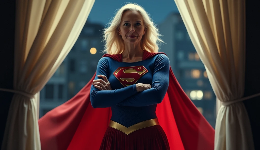 (((very beautiful old Supergirl (((1984s Supergirl movie costume))) Julie Hagerty))) Super old woman Julie Hagerty; confident, powerful, indestructible, attractive; big and firm chest; strong breasts; arms crossed. , floating, at night, outside a window; straight body; view from inside to outside, full body fluttering curtains, night, cinematic lighting, dramatic pose, beautiful detailed eyes, beautiful detailed lips, extremely detailed face and features, elegant, graceful, flowing cape, vibrant colors, hyperrealistic, 8k, high quality, intricate details, photorealistic, masterpiece