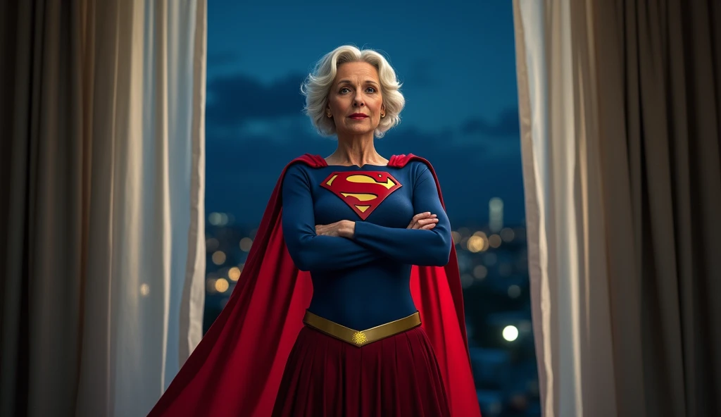 (((very beautiful old Supergirl (((1984s Supergirl movie costume))) Julie Hagerty))) Super old woman Julie Hagerty; confident, powerful, indestructible, attractive; big and firm chest; strong breasts; arms crossed. , floating, at night, outside a window; straight body; view from inside to outside, full body fluttering curtains, night, cinematic lighting, dramatic pose, beautiful detailed eyes, beautiful detailed lips, extremely detailed face and features, elegant, graceful, flowing cape, vibrant colors, hyperrealistic, 8k, high quality, intricate details, photorealistic, masterpiece