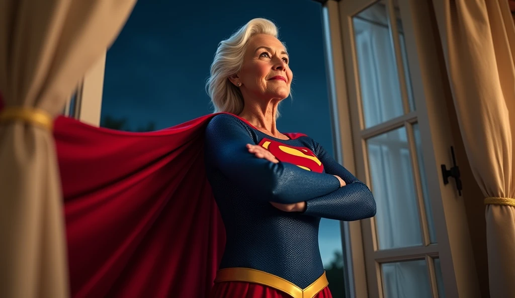 (((very beautiful old Supergirl (((1984s Supergirl movie costume))) Julie Hagerty))) Super old woman Julie Hagerty; confident, powerful, indestructible, attractive; big and firm chest; strong breasts; arms crossed. , floating, at night, outside a window; straight body; view from inside to outside, full body fluttering curtains, night, cinematic lighting, dramatic pose, beautiful detailed eyes, beautiful detailed lips, extremely detailed face and features, elegant, graceful, flowing cape, vibrant colors, hyperrealistic, 8k, high quality, intricate details, photorealistic, masterpiece