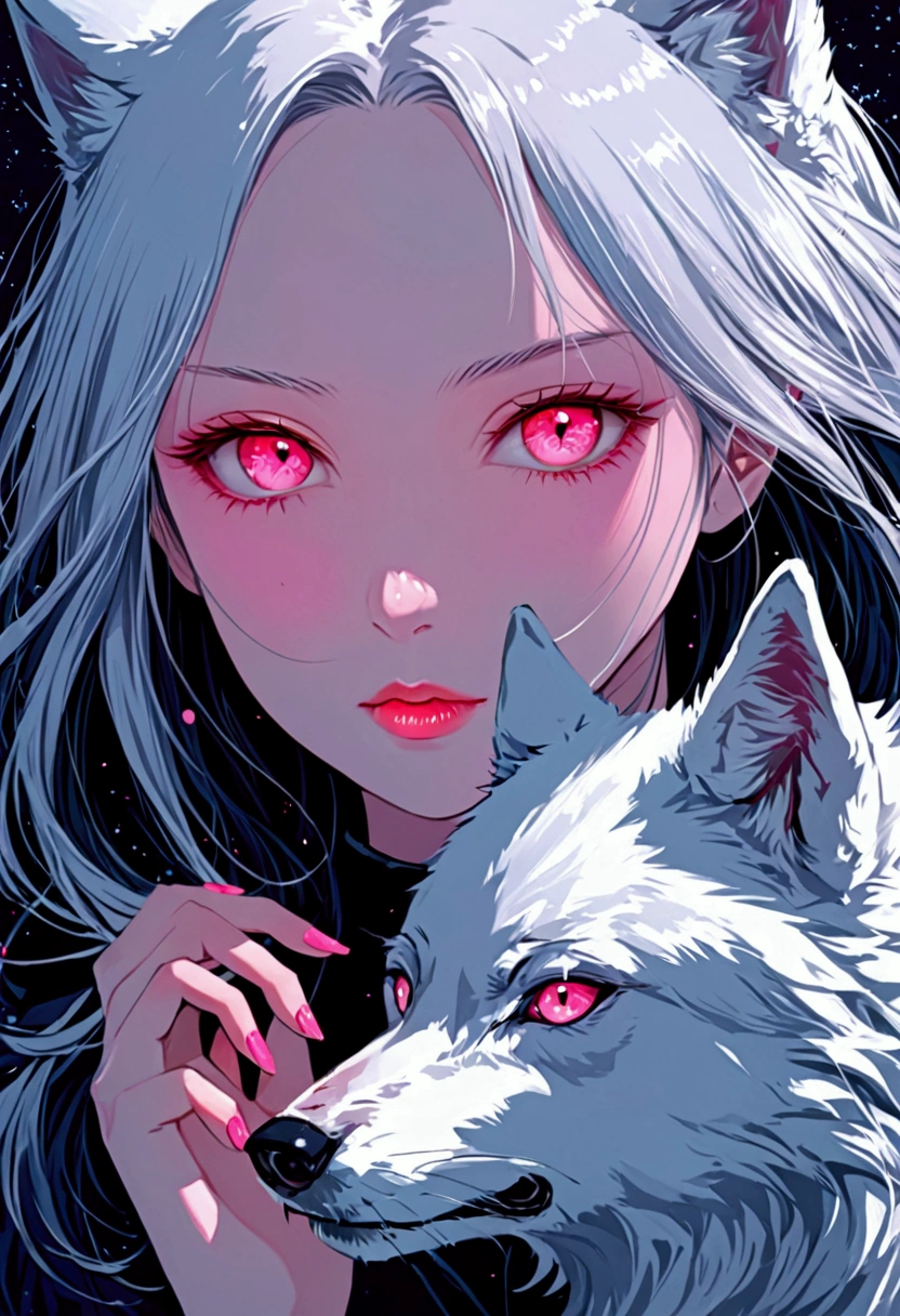 A girl with white wolf , pink eyes,
