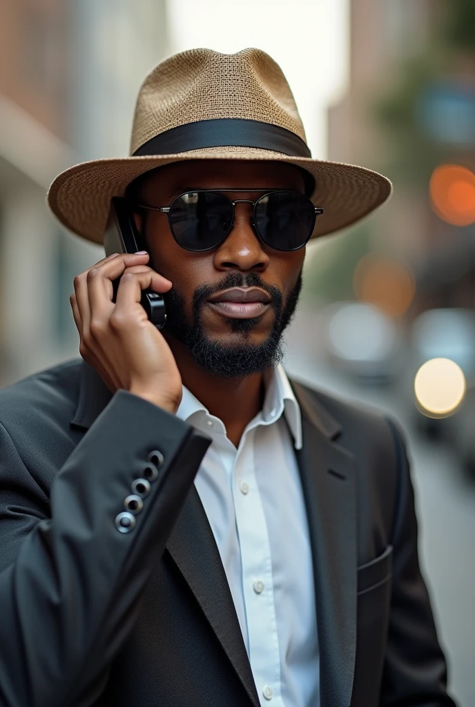 Photo 1 : jeune homme d’affaires de la trentaine ,black complexion,tall,with beards , habille en kirdi et chapeau tissée , who is talking on the phone and he is wearing very dark black glasses