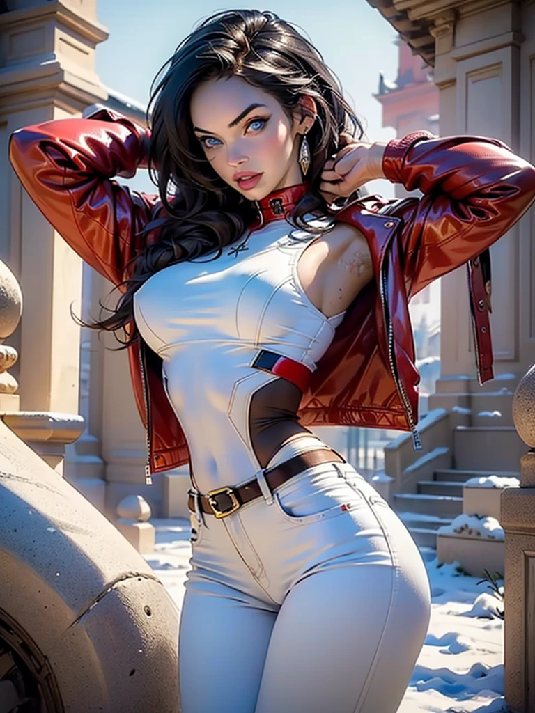 ((((Megan Fox)))),girl,1girl,young Megan Fox,
(Big breasts:1.4),((((with short dark brown hair)))),(((BLUE_eyes:1.3))),difficult eyes,beautiful detailed eyes,symmetrical eyes,((((Shiny skin:1.5,tanned skin,bright skin: 1.5,tanned skin,Shiny skin,very Shiny skin,shiny body,Reflective skin)))),(lower abdomen of a spider,slim waist,wide hip,athletic body,pumped up legs,thick thighs,(detailed face)),beautiful detailed lips,Muscles,(Muscles: 1.2), ((strong and healthy body)), ((((More) Muscles))),
Cute,promiscuous,sensual,seductive look,seductive,((Erotic)),Rich,luxurious,((nsfv)),
((split)),wear a leather jacket, black jeans,dressed in red and red leather (hung on a wooden cross BDSM:1.2), red leather corset, ma'am, latex solutions, obedient, very sexy devil outfit, Harnesses and garters, dominant pose, all red, ma'am,
(flirty pose:1.3), I look at the viewer,embarrassed,centered,scale to size,Rule of thirds,
on open air,(The Winter Palace,The Winter Palace background,pyramids in the background),landscape,extremely landscape,clouds,winter style,winter castle,(sunset, golden hour),
(Glossy winter decorations),a high resolution,Sharp Focus,(Ultra detailed,extremely detailed),(photorealistic work:1.37),(extremely detailed CG unity 8k wallpaper),(((bright colors,bright theme))),(difficult),(masterpiece),(Best quality),art photography,(photo taken by sldr),(difficult background),perfectly drawn face,perfect facial details,realistic face,photo realistic,((difficult detail)),(((Realism))),