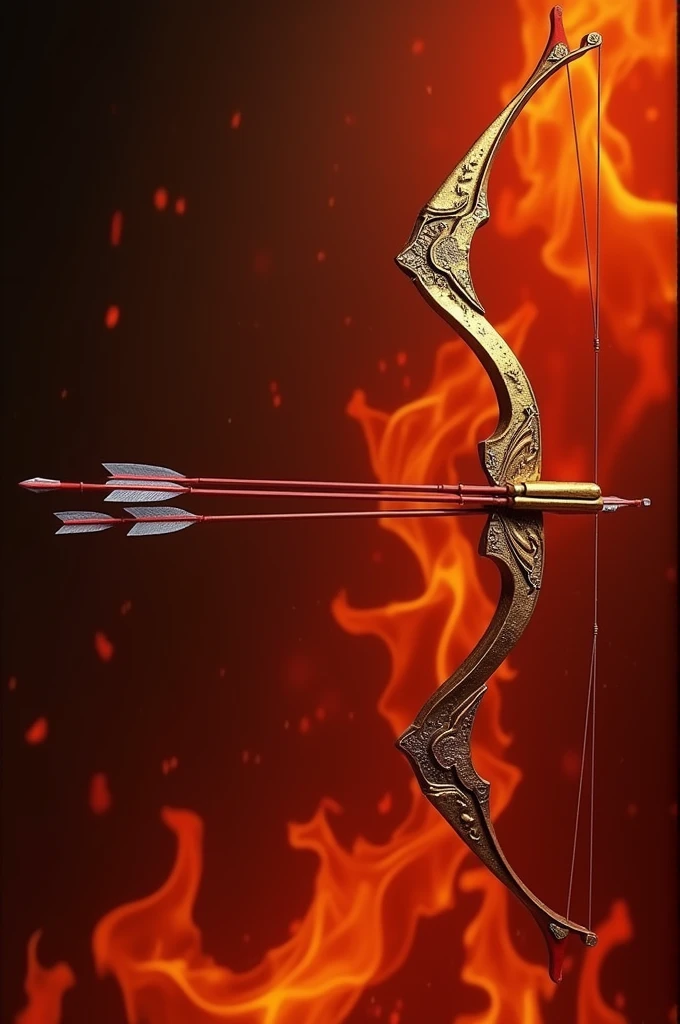 Generate picture of a Bow and arrows. Red- golden colored bow. Background is to be of fire   
