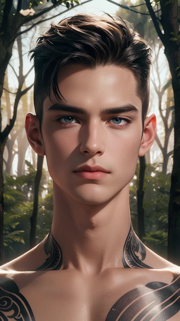 4K, high resolution, best quality, masterpiece, Perfect color, Perfect Shadow, Perfect lighting, ((portrait)), ((Handsome man)), Perfect male body, Short hair details,Topless,Delicate face, Perfect face, (stand up), Detailed background, (Exquisite eyes),Arm tattoo,((forest)),emaciated,The character is at the bottom of the picture