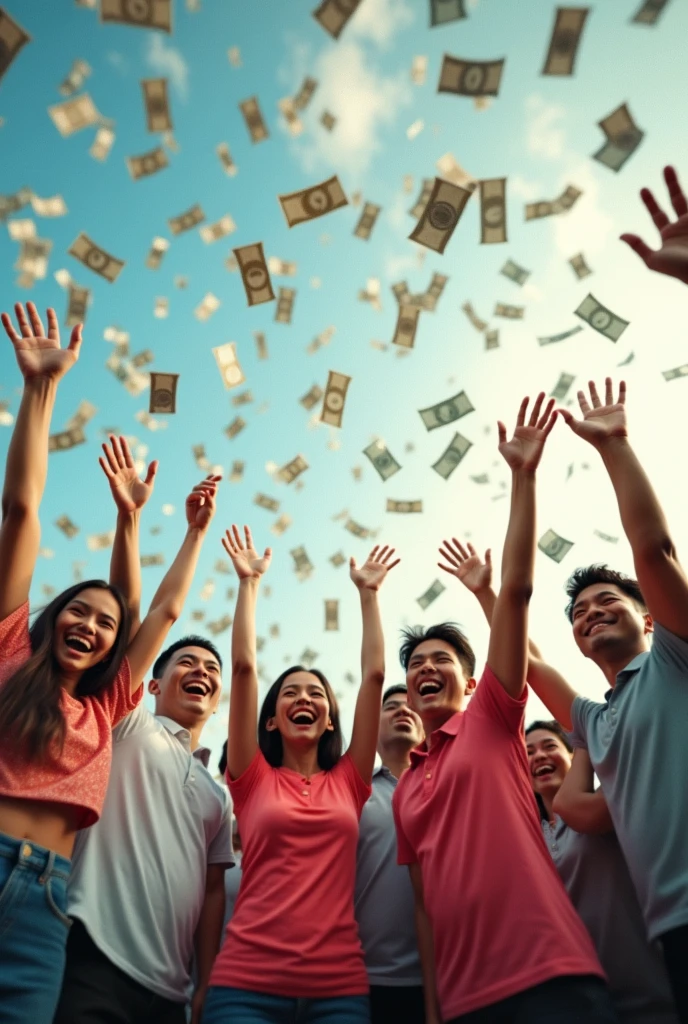 Thai people smile happily, look up, spread their arms, wait to receive money, with a lot of money falling from the sky during the day.