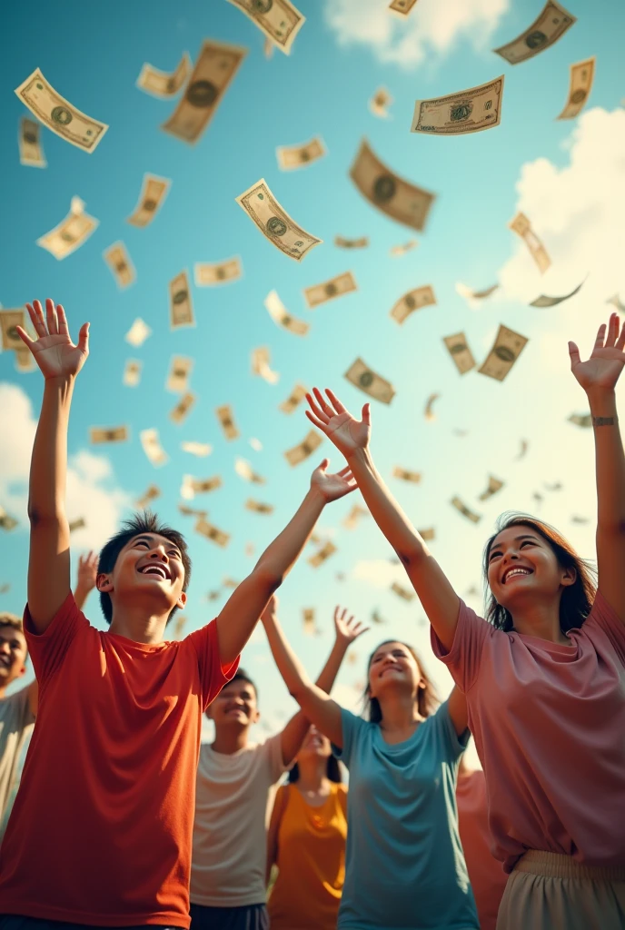 Thai people smile happily, look up, spread their arms, wait to receive money, with a lot of money falling from the sky during the day.