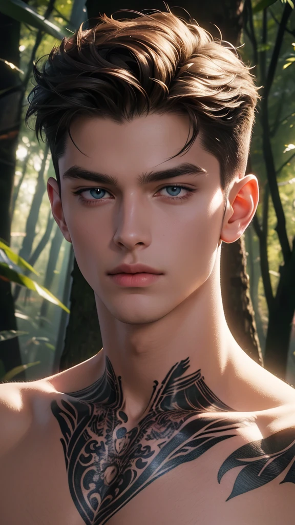 4K, high resolution, best quality, masterpiece, Perfect color, Perfect Shadow, Perfect lighting, ((portrait)), ((Handsome man)), Perfect male body, Short hair details,Topless,Delicate face, Perfect face, (stand up), Detailed background, (Exquisite eyes),Arm tattoo,((forest)),emaciated,The character is at the bottom of the picture
