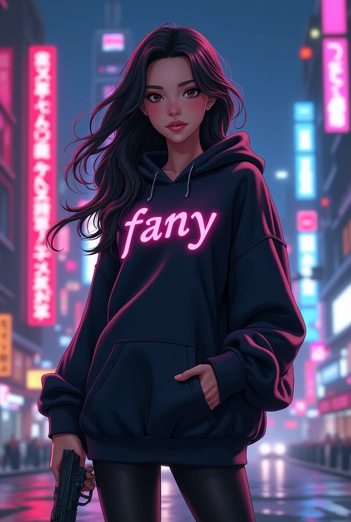 Create a character anime {{background: capital text:“GLBK”, night city}},
tanned skin, realistic, HDR, beautiful, japan style, full body, use piastol, age 20, hoodie HD text: “FANY”, female, long hair