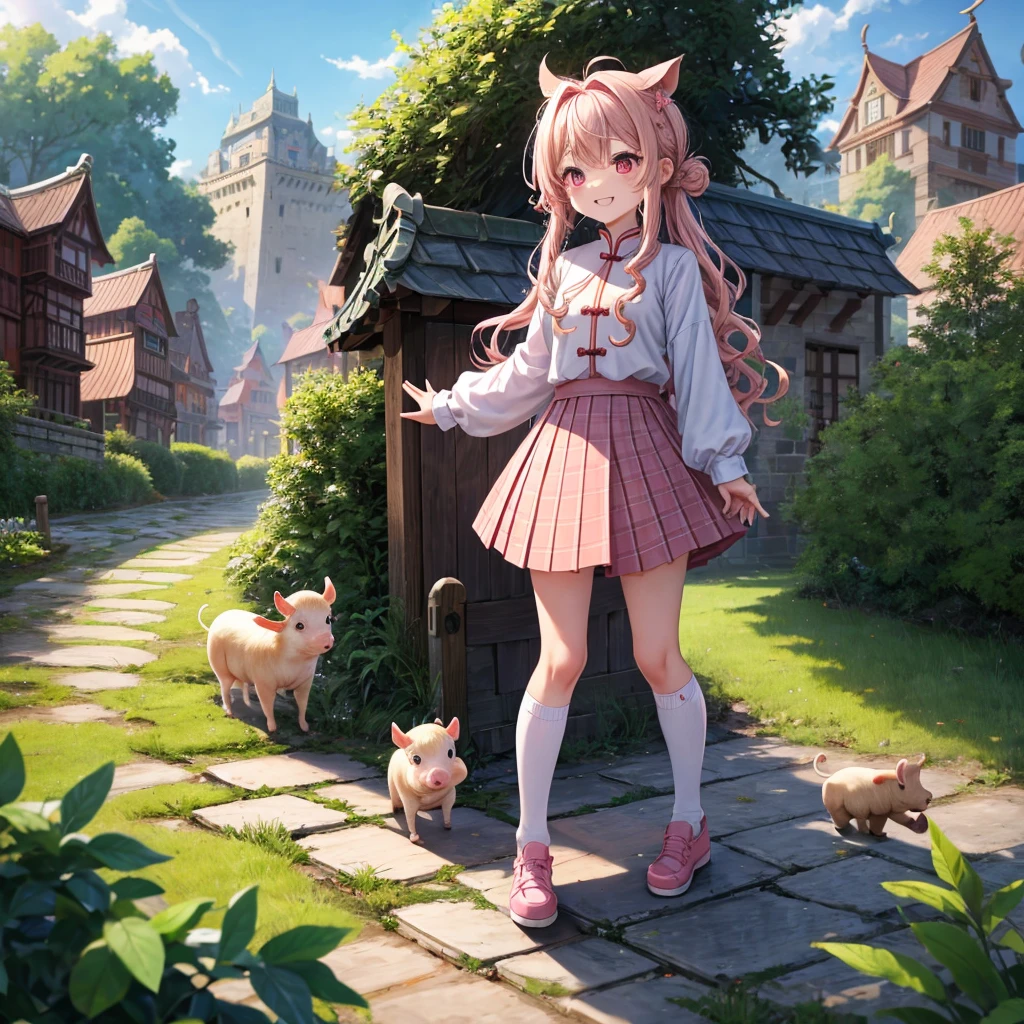 Pink Blonde、Red eyes、Wavy Hair、Hair tied up、Two cute、Checked mini skirt、China、Knee-high socks、Teeth are visible、Monster Castle、Tilting face、grass、Stones are growing out of the ground.、In front of the city gates、Underground tunnels、Wooden bridge、The stone is cracked、Ashura Statue、Giant wood、There is a step on the ground、Piglets in a String