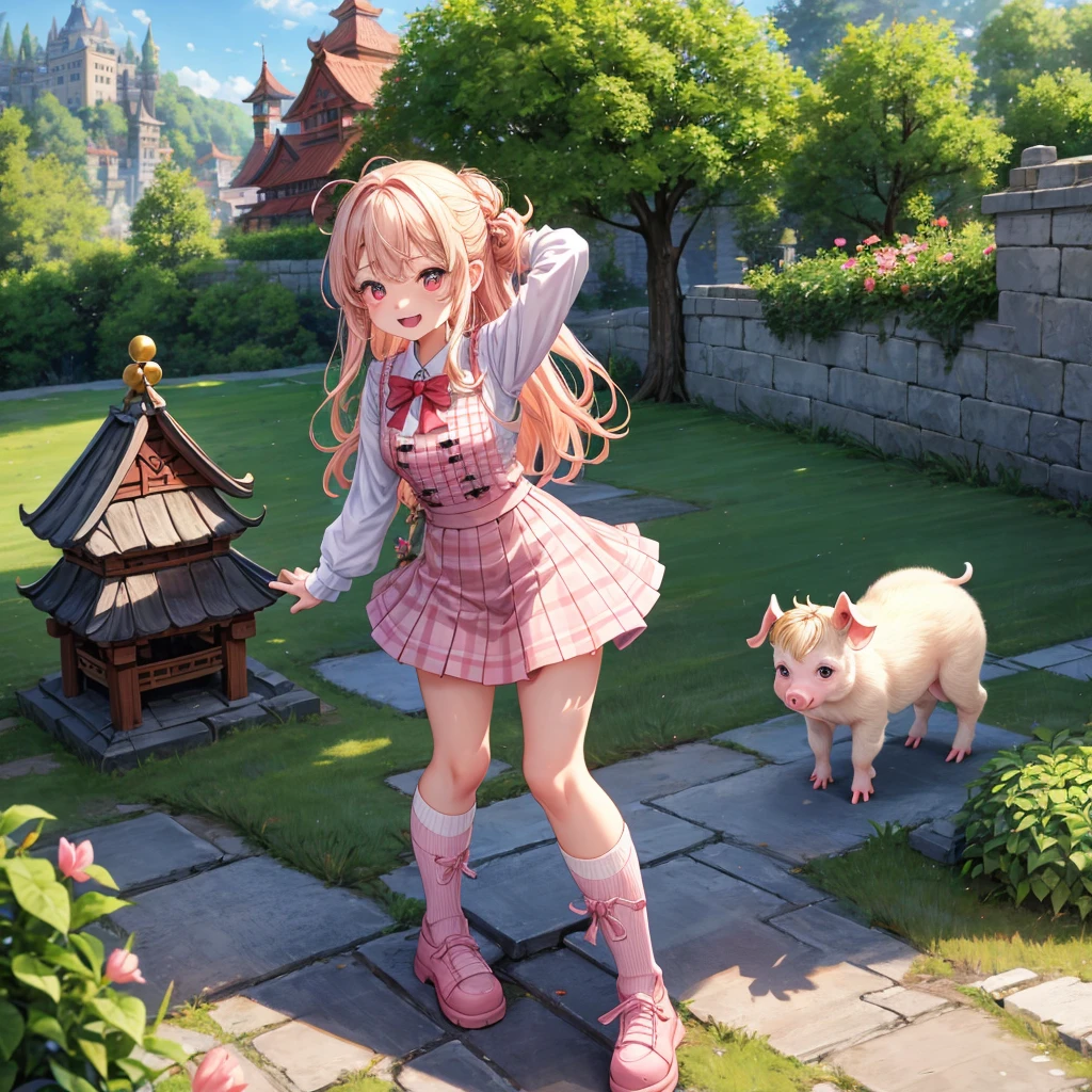Pink Blonde、Red eyes、Wavy Hair、Hair tied up、Two cute、Checked mini skirt、China、Knee-high socks、Teeth are visible、Monster Castle、Tilting face、grass、Stones are growing out of the ground.、In front of the city gates、Underground tunnels、Wooden bridge、The stone is cracked、Ashura Statue、Giant wood、There is a step on the ground、Piglets in a String