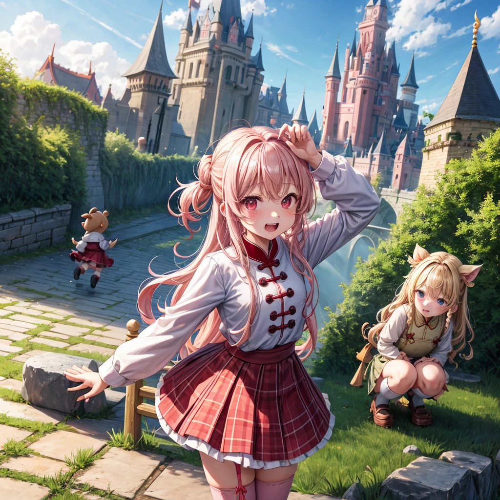 Pink Blonde、Red eyes、Wavy Hair、Hair tied up、Two cute、Checked mini skirt、China、Knee-high socks、Teeth are visible、Monster Castle、Tilting face、grass、Stones are growing out of the ground.、In front of the city gates、Underground tunnels、Wooden bridge、The stone is cracked、Ashura Statue、Giant wood、There is a step on the ground、Piglets in a String