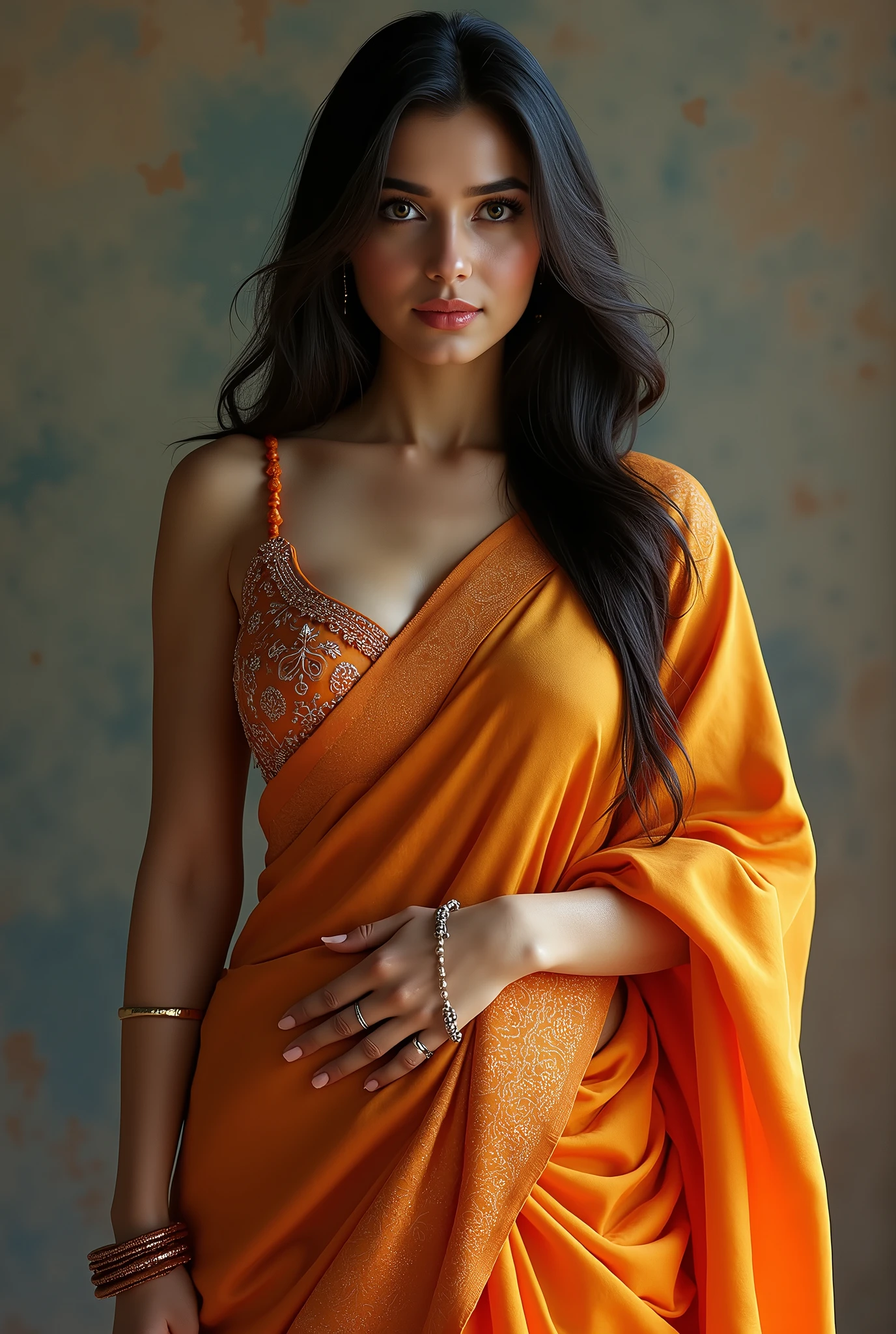 Best quality, masterpiece, high resolution, 1girl, saree,large breasts, curvy body, simple background 