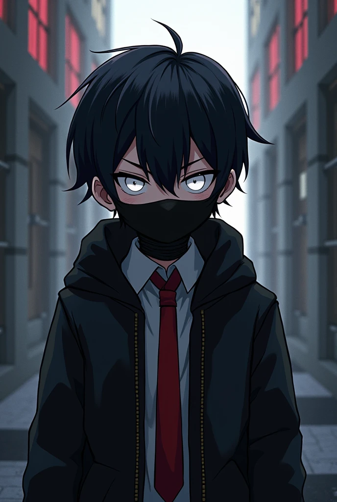 A boy wearing black jakat,looking , red tai,black mask on full face White eyes, mincraft theme anime