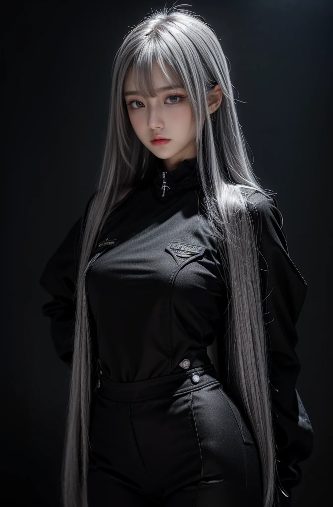 standing,Military Uniforms,pants,black military uniform,whole body,Height: 168cm,almond shape eyes,{{{{{silver eyes}}}}},{{{{{dull bangs}}}}},(slanted eyes},{{whole body},{{{1 girl}}}, long hair, straight hair,{{{{silver hair}}}},{{{tsurime}}},30 years old,{Medium chest},{{bush}},silver eyes,{{{masterpiece}}}, {{{highest quality}}}, {{Super detailed}}, {shape}, {{very delicate and beautiful}},very detailed,detailed perfect,detailed hyper,Abundant thighs,big ass,black clothes