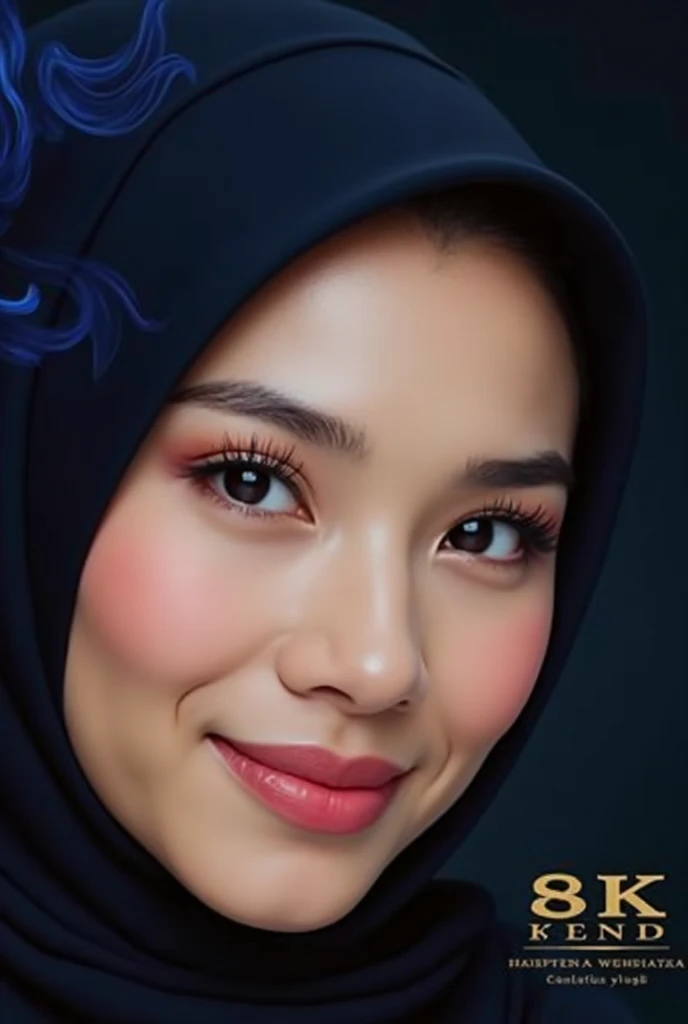 An indonesian woman wearing black suit with cream shirt, wearing hijab. Background blue smoke photography backdrop, close up, realistic, detail UHD 8k