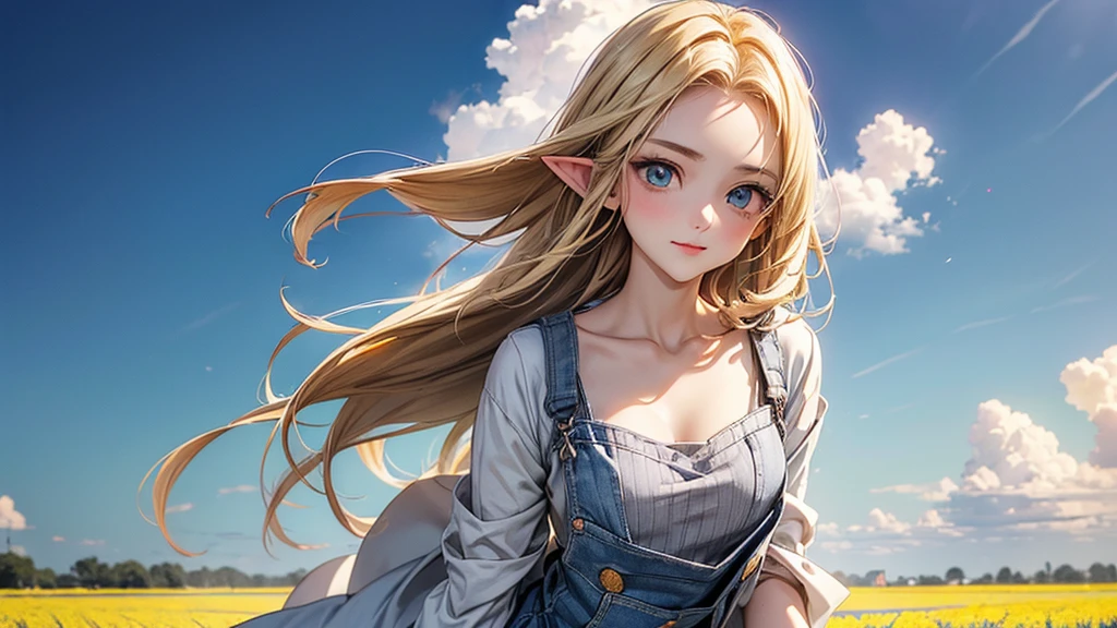 ((Masterpiece)), (Anime:1.5), ((best quality)), (RAW photo:1.2), (High Definition:1.3), (Professional Photography:1.2), (), (1girl), cute young girl, BREAK, (naughty face:1.3), (Beautiful daiamond eyes:1.5), (pale skin), elf girl, wearing Gray Workwear Coveralls, flat chest, slender waist, BREAK, (hair over eyes:1.2), Silky hair, medium hair, ((blond hair)), wearing Gray Workwear Coveralls, (in a wheat field among agricultural machinery), ((low-cut neckline)), (open clothing in the chest area), ((Ukrainian flag on the background in the field)), Ukrainian flag on a flagpole