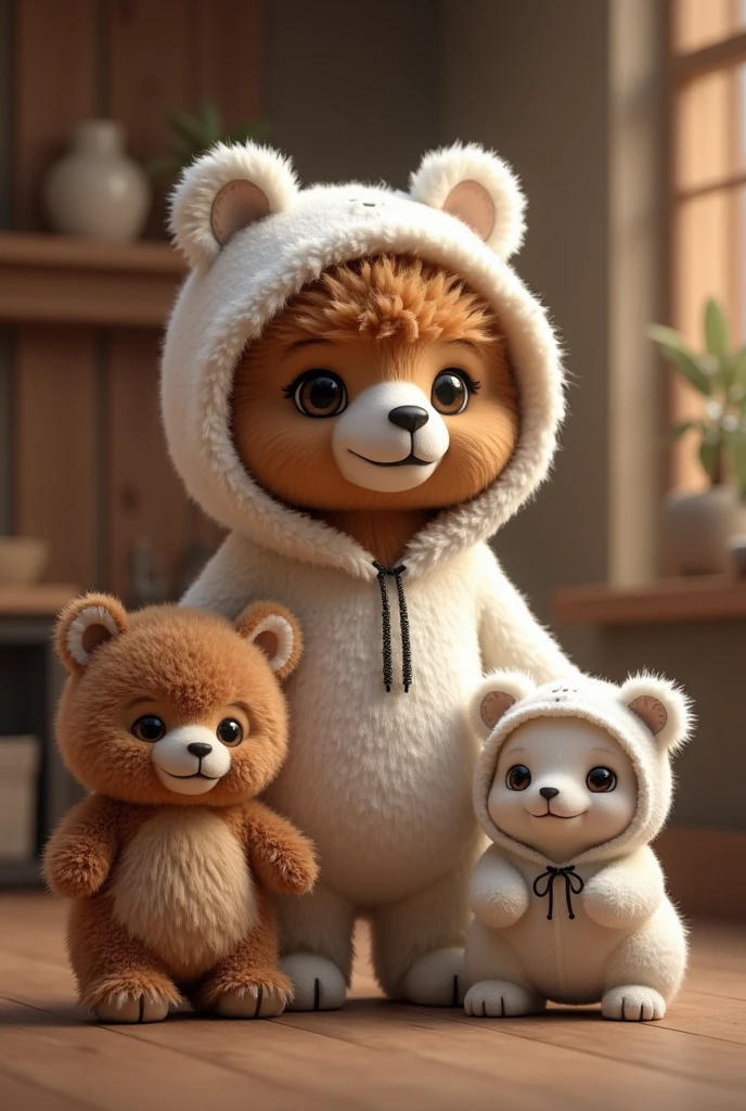 Brown alpaca dressed as a white bear、Brown fluffy bear、White bear costume with hood、Cute Bear、Realistic、8k,high quality、masterpiece、detailed fur texture、Detailed costume design、Studio wood lighting、Realistic lighting、Vibrant colors、Warm lighting、Soft Focus
.