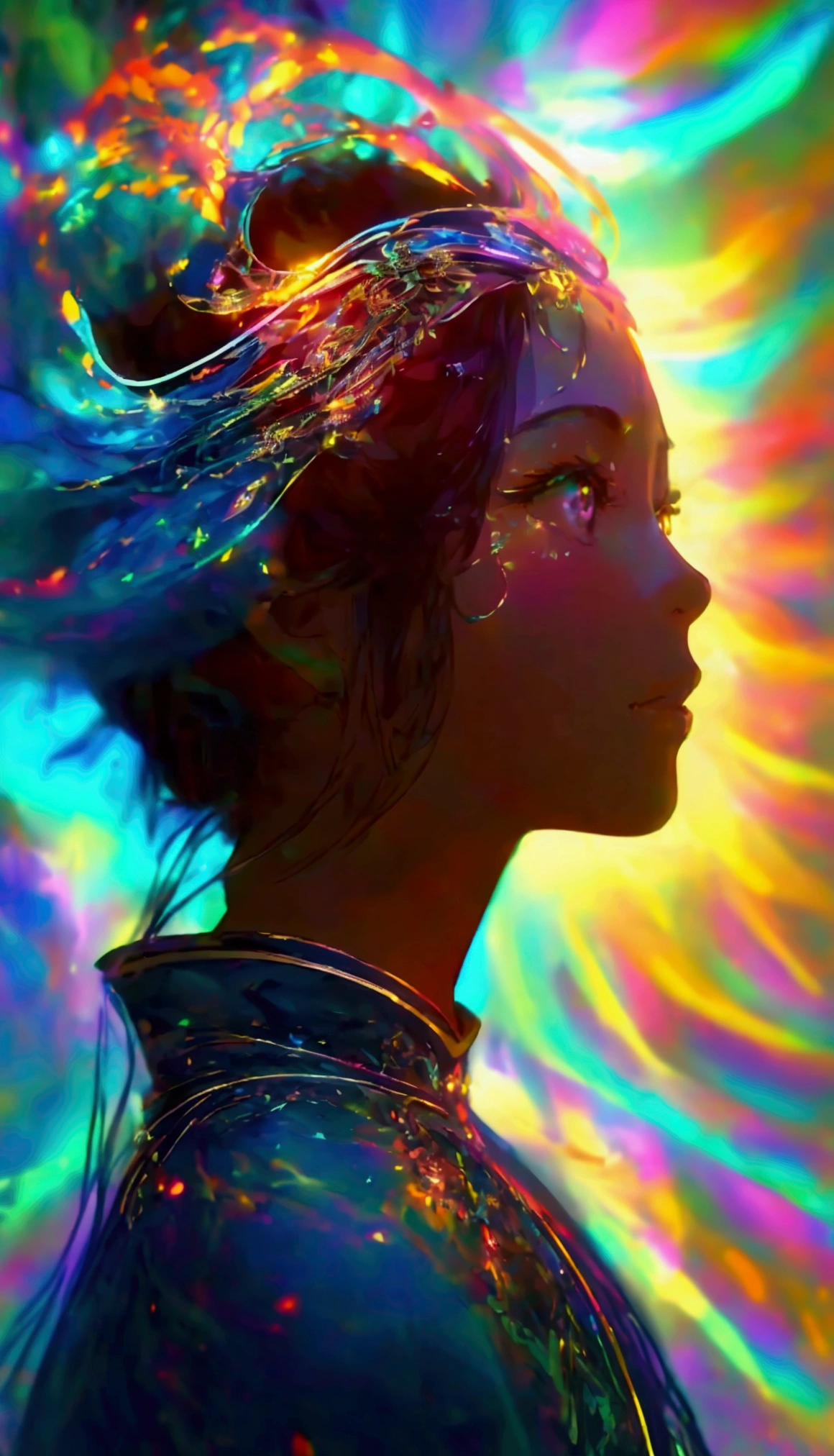 high quality, 8K Ultra HD, generate a vibrant canvas illuminated by a cascade of colorful and iridescent bioluminescence, forming the silhouette of a captivating Chinese woman, The dynamic lines and patterns, reminiscent of a biological dance, weave together to create a harmonious fusion of biology and art. The bioluminescence, in hues ranging from electric blues to radiant reds and vivid greens, breathes life into the woman's form, Her darkened silhouette emerges as a synthesis of the iridescent bioluminescence, a testament to the seamless integration of colorful biology and extreme beauty in your masterful creation, highly detailed, bright HDR highlights create a rim of light around the silhouette.