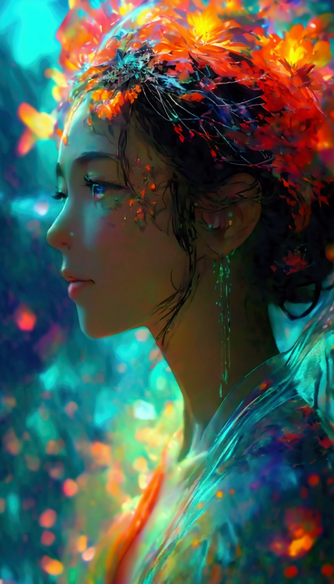 high quality, 8K Ultra HD, generate a vibrant canvas illuminated by a cascade of colorful and iridescent bioluminescence, forming the silhouette of a captivating Chinese woman, The dynamic lines and patterns, reminiscent of a biological dance, weave together to create a harmonious fusion of biology and art. The bioluminescence, in hues ranging from electric blues to radiant reds and vivid greens, breathes life into the woman's form, Her darkened silhouette emerges as a synthesis of the iridescent bioluminescence, a testament to the seamless integration of colorful biology and extreme beauty in your masterful creation, highly detailed, bright HDR highlights create a rim of light around the silhouette.
