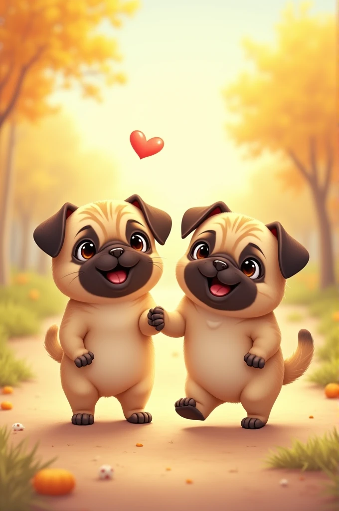  Cat and a little pug is walking together in two fets there best friend. The cats hand on pugs shoulder and the pugs hand in cats shoulder. They are smilling. In background there is joyful sunny day.