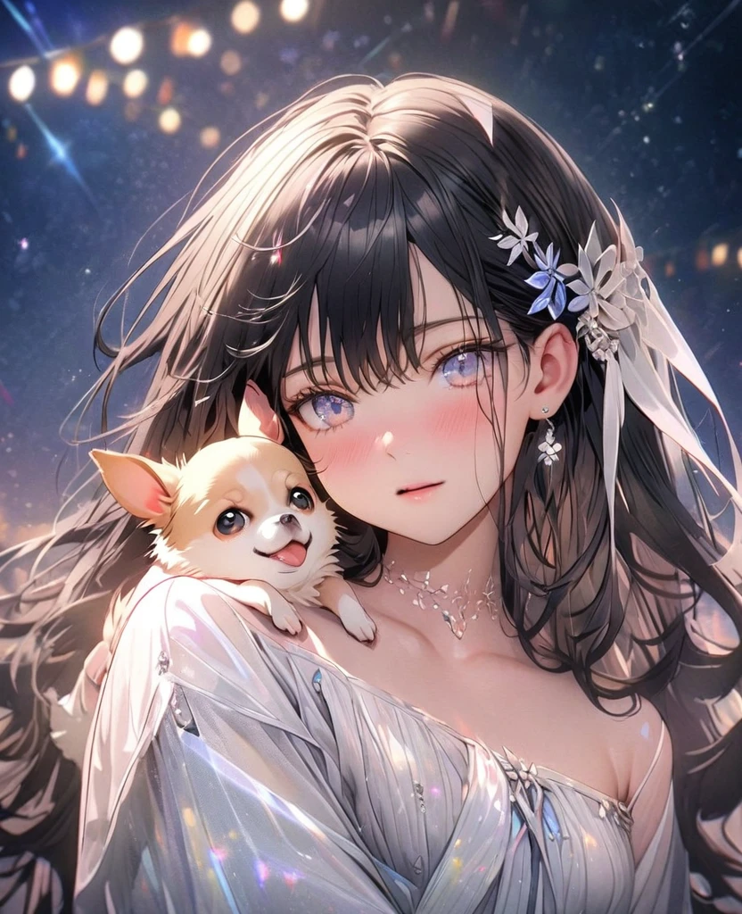 8k,Ephemeral beauty，Very delicate and beautiful,Beautiful and realistic skin,Shiny Hair,Black Hair、Long and colorful hair,Beautiful Eyes,Beautiful night sky、shy、Hair is half-up without any hair accessories、small jewel pin、No earrings、No piercing、Shy、Beautiful white clothes、Chihuahua(Cream)hug