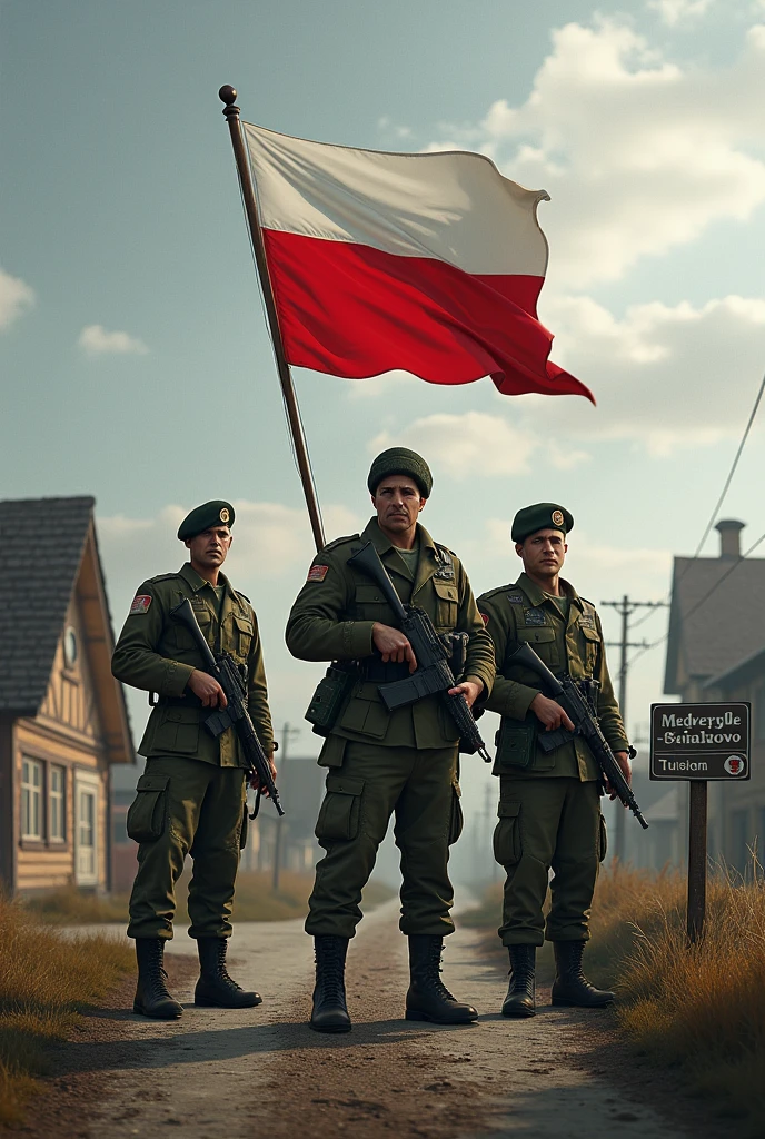 Create art, where Belarusian soldiers pose over a village with a flag, the colors of the flag are white-red-white, without any embroidery, without a coat of arms and a purely vertical white-red-white flag behind them there is a road sign with the text Medvezhye-Sankovo