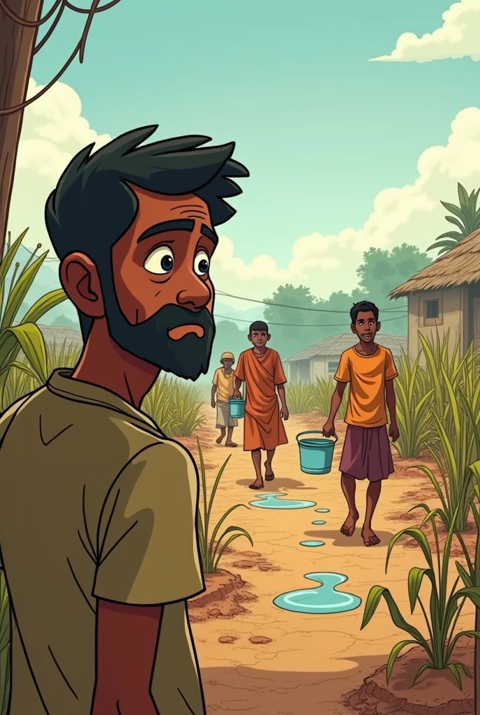 Animation cartoon .Scene The Water Shortage Problem**
- Close-up of Ramu looking worried, standing beside his withered crops.
- Show villagers struggling with the lack of water, perhaps carrying empty buckets