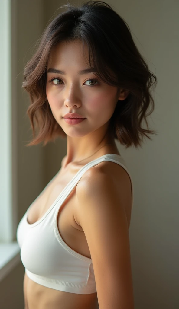 Solo 2 russian girl, ((full body picture)):1.45,beautiful light green colored eyes, (body shape is a pear):1.33, (slightly chubby face):1.32, (round face form):1.31, soft lighting, dreamlike ambiance, adorable smile, sparkling eyes, rosy cheeks, look into camera, (162 cm height, weight 60 kg, dark chestnut hair, elongated square haircut, chest 84 cm, waist 66 cm, hips 95 cm, ribcage 76 cm, aa bra size breasts):1.5, aesthetic gym clothes