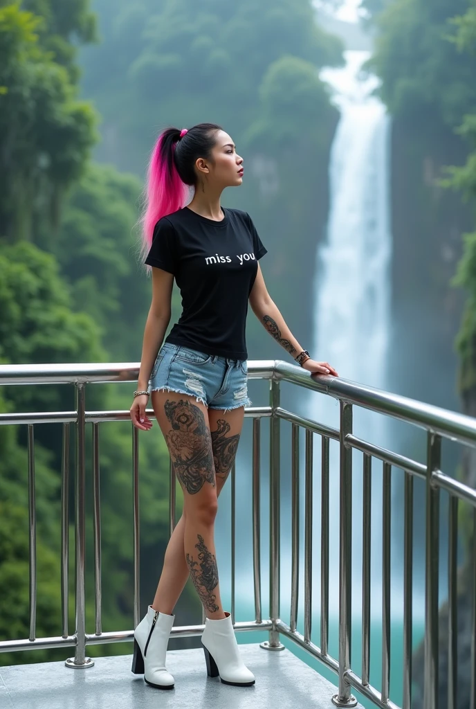 a beautiful Thai woman, standing on a silver metal deck or platform with a view of the waterfall in the background.the woman has pink black hair, gives a modern and stylish effect. He was wearing a black t-shirt that said "MISS YOU" fhon gold the other, and modern shorts, white boots. This woman is leaning on the platform railing with both her hands and thighs covered in intricate tattoos., look relaxed and enjoy the beautiful view. landscape