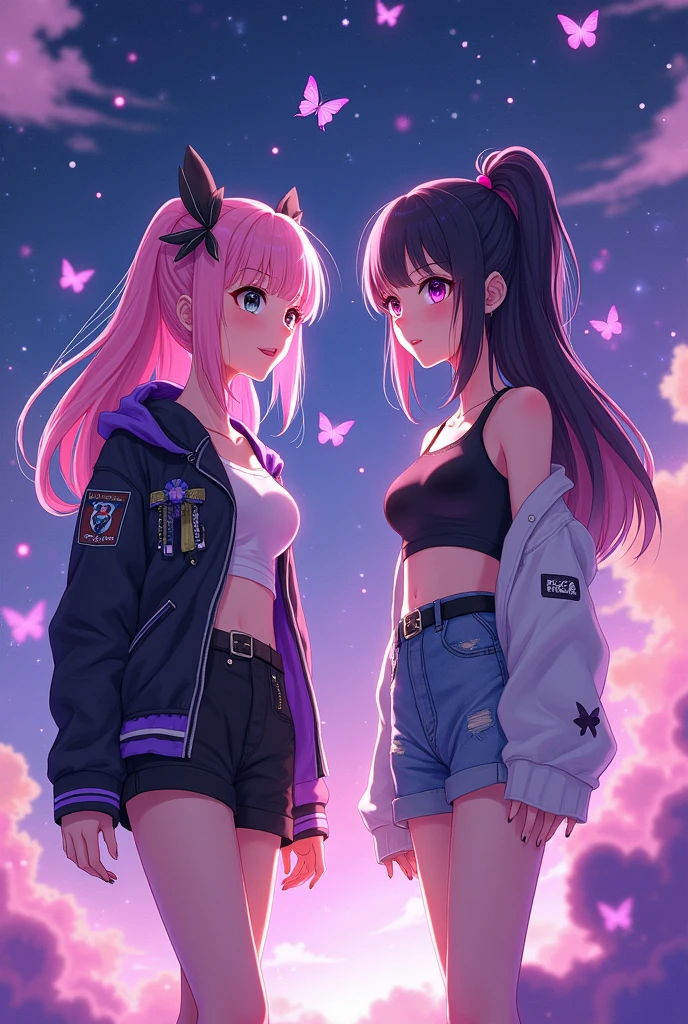 girl hair pink light with black eyes pink and friend girl hair black with purple , butterflies purples particles , anime HD , oufit futurista, crop top, match icon, atmosphere with stars HD