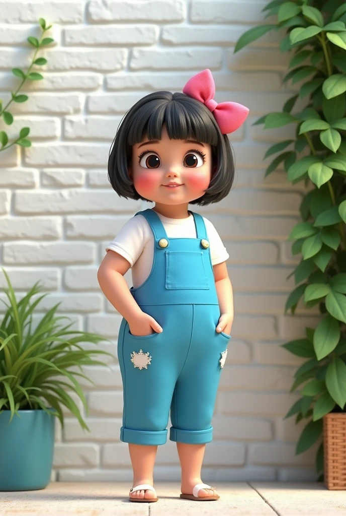 3D images inspired by Pixar posters ,  girl, Short hair, Height 81cm, pink bow on head, Wearing a blue jumpsuit, White pocket on right arm, The background is a white brick wall, next to a wall with green plants