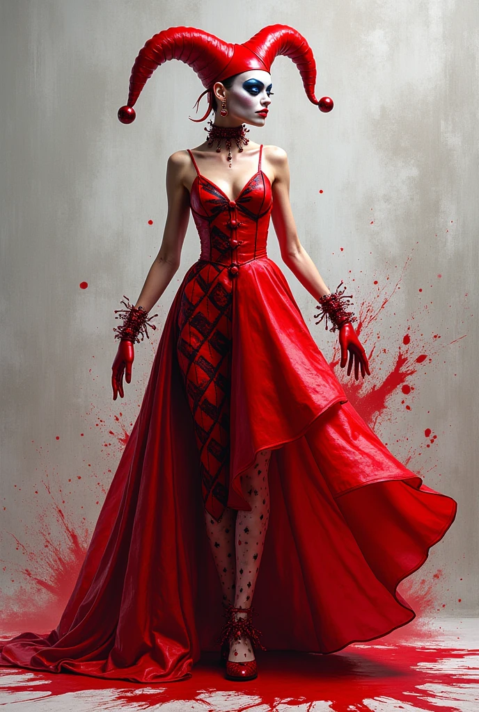 Create an image of a woman dressed as a harliquin joker against a textured, light gray background. splashing and swirling outward in vibrant, fluid shapes. The red paint forms artistic splatters and brushstrokes, giving the illusion that the dress is being painted in real-time.The overall scene blends elements of fashion and art, showcasing a dynamic interaction between the two.