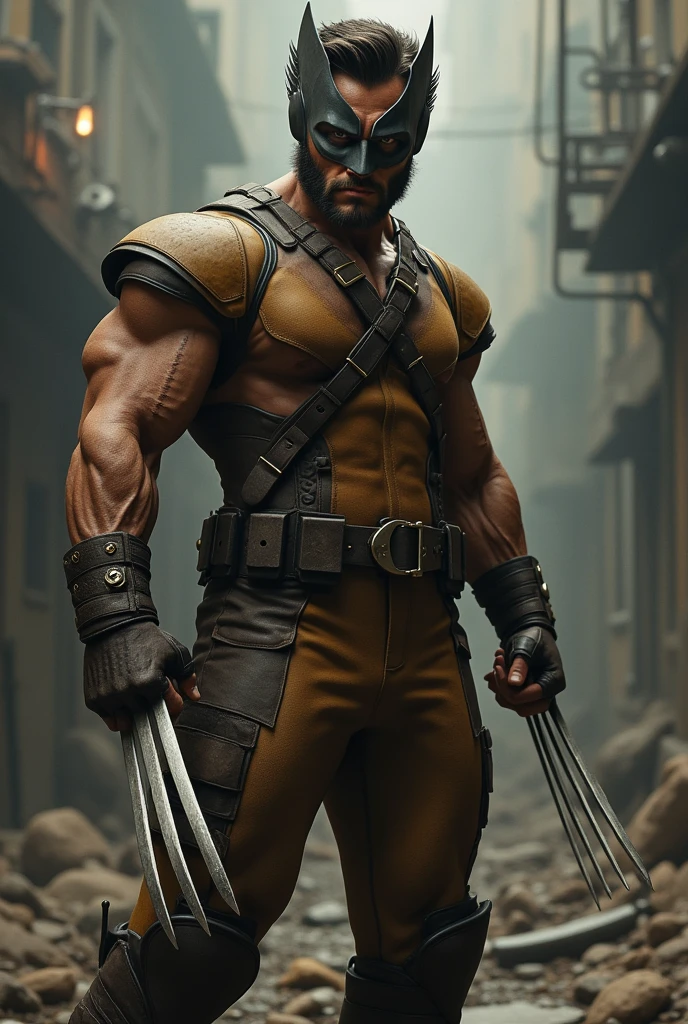 Henry Cavill As Wolverine with long adamantium claws
in a  Xmen 
Tan Brown costume   with Wolverine Mask
