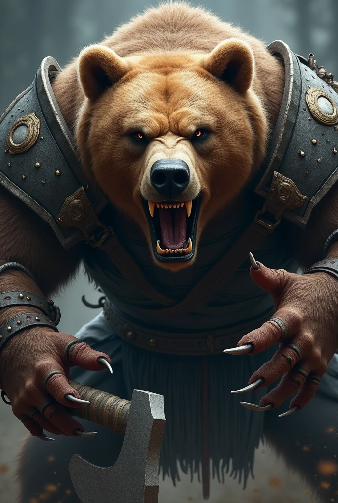 close up face angry warrior bear, open claws on display, attacking, battle armor, attacking com a pata, armed with an axe