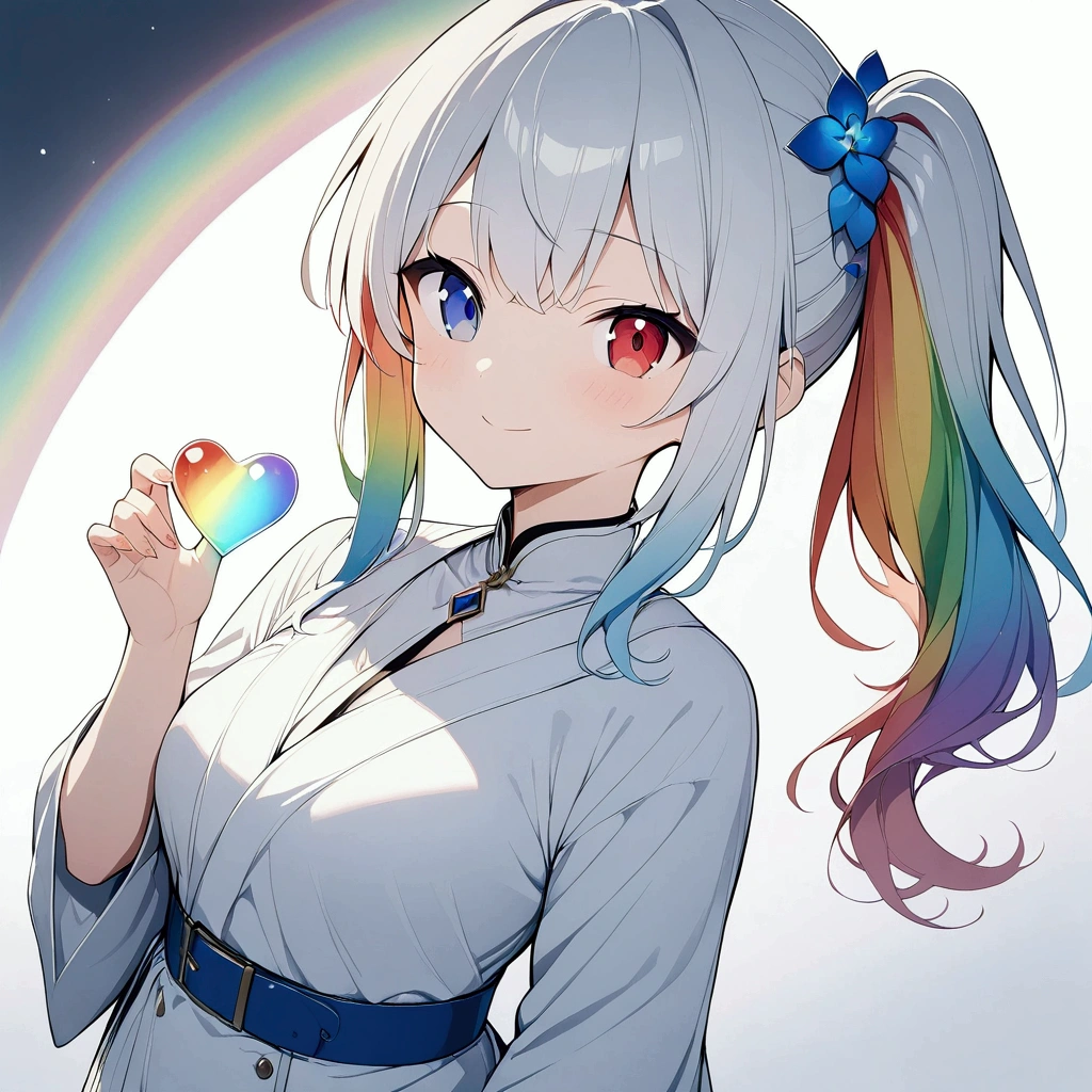 (((anime))) One Woman,have,With a glass heart,Reflection of light,Iridescent,Long Hair,Side Ponytail,(Rainbow Hair),Bangs parted in the center,Heterochromia iridis,Red eyes,(Blue eyes),Smiling White Kimono,Blue belt Light from above,Backlight,masterpiece,Highest quality,Exquisite,8k,Absurd,Ultra-fine illustrations,Side angle