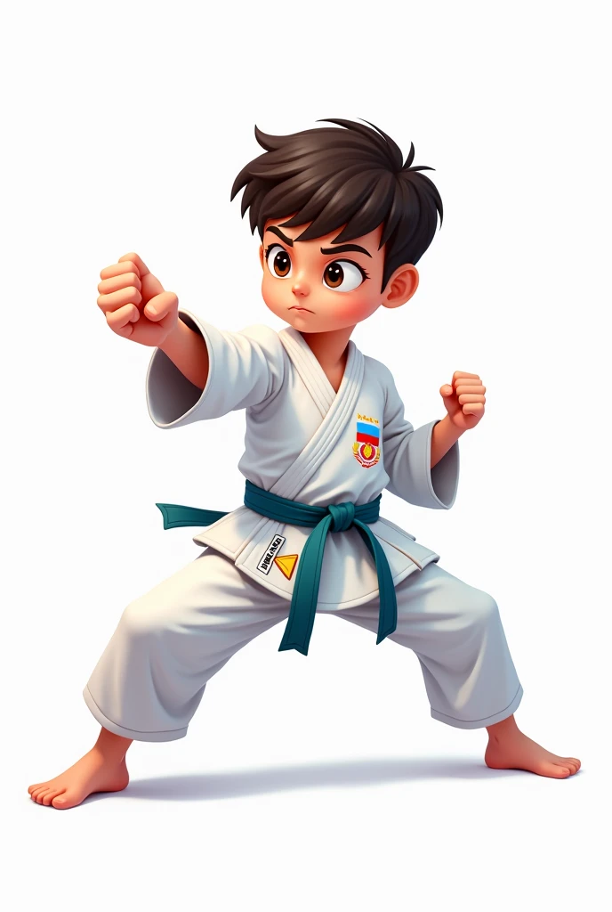 ((officially)) ((masterpiece)) ((Best quality)) ((detailed)) cartoon boy karateka in uniform with emblem flag of Kazakhstan in fighting stance on white background