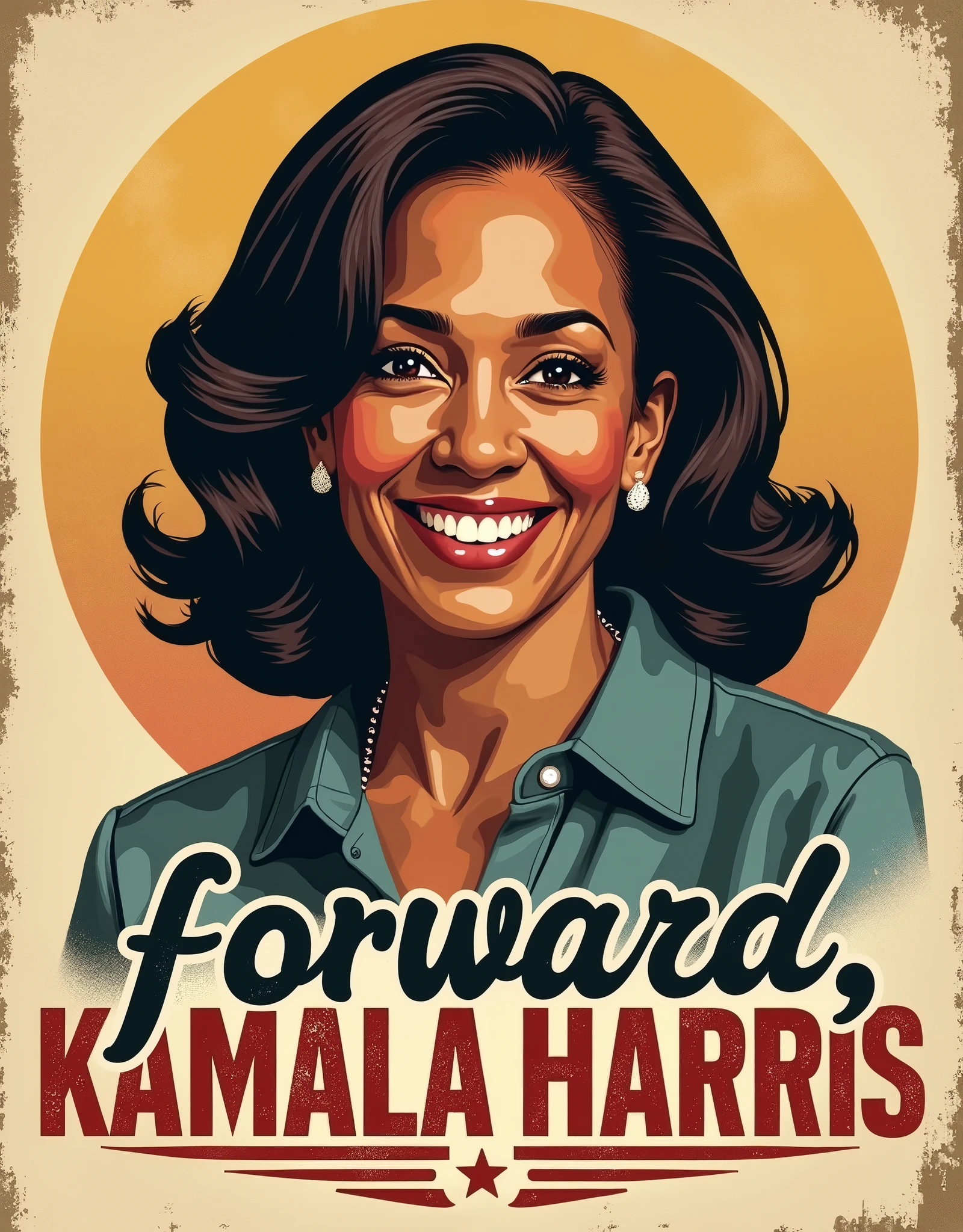 Create a portrait of Kamala Harris in a vintage retro style, using muted tones like faded yellows, oranges, and browns. Incorporate the phrase "Forward, Kamala Harris" in an old-school, groovy font with a textured, worn-out look for a nostalgic feel. Perfect for apparel and mugs.
