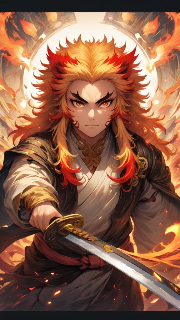 (1 male,Rengoku Kyojuro,Yellow and orange hair),solo,comics『Demon slayer』Characters in,,Battle Style,Inflammation effects,Staring straight ahead,Coming towards the front,Moderate dirt,Japan have a sword,Digital Art,An illustration,Intricate details,Intricate details,Wide range of colors,artwork,rendering,,(highest quality:1.4),(Very detailed:1.5),High resolution,Very detailed,unity 8k wallpaper,Draw artistic background,Disorganized,inflammation,BREAK,Japanese swords are straight and have a metallic luster.,Please hold the Japanese sword by the handle