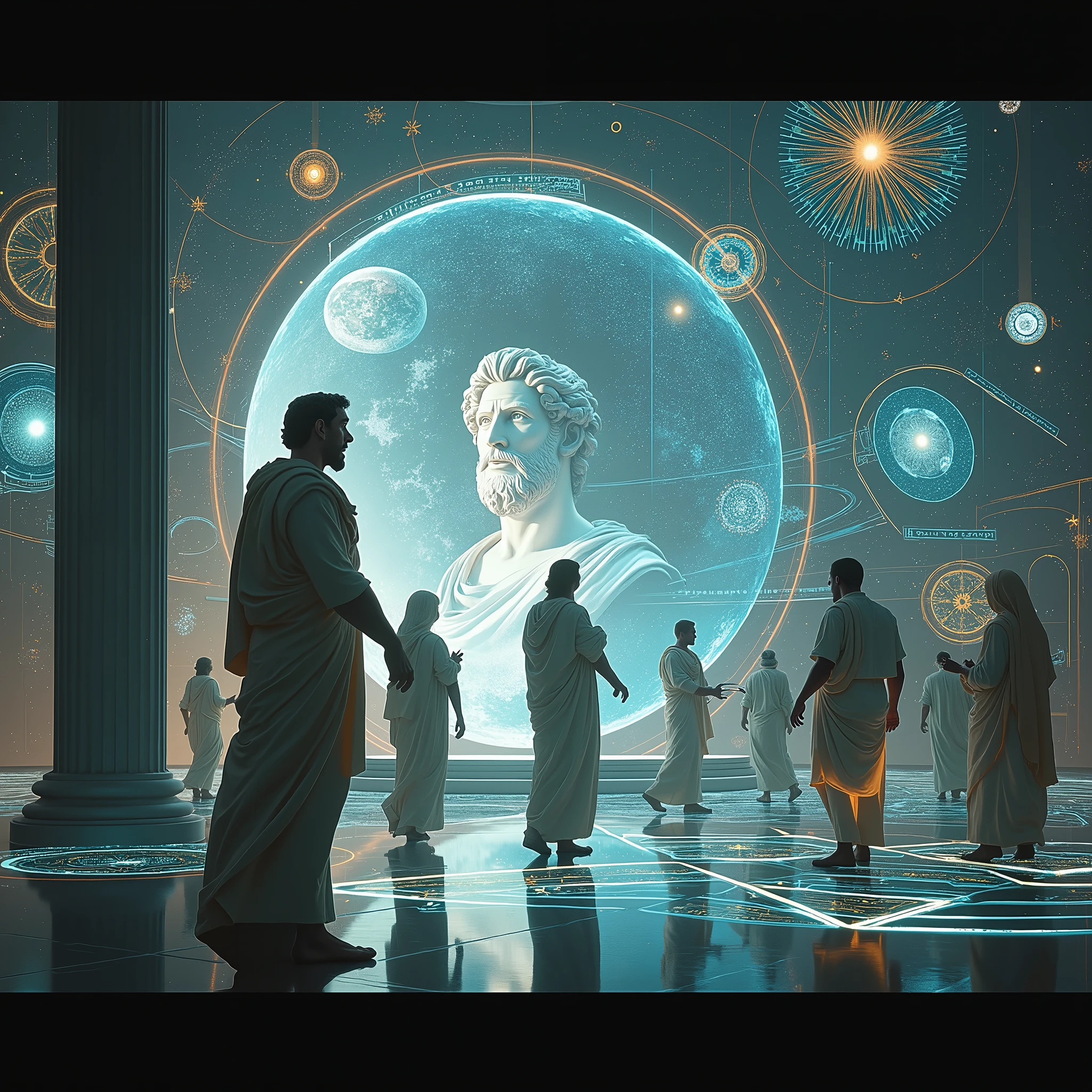  hyperrealistic image, which depicts the development of philosophical trends and their gradual influence on humanity. The image should contain:

	1.	Historical philosophical directions: Display významné filozofické obdobia a ich hlavné postavy, that shaped human thinking:
	• Antique: Plato and Aristotle with their abstract and symbolic representations.
	• Renaissance: René Descartes to Francis Bacon, illustrated as pioneers of empiricism and rationalism.
	• Postmodernism is poststructuralism: Michel Foucault a Jacques Derrida, representation through dynamic and deconstructive visualizations of language and cognition.
	2.	Development and interaction: View, how these philosophical directions influenced the development of human society. Use futuristic symbols and holograms to illustrate the transition from ancient thought through empirical investigation to deconstruction and analysis of language.
	3.	Technological and philosophical observations: Display, as an alien race monitors and analyzes these developments in technological observatories. Display ich zariadenia a hologramy, which document transitions between different philosophical paradigms.
	4.	Philosophical concepts: Visualize abstract symbols and texts, which illustrate Derrida&#39;s theory of the ever-changing meaning of words and their influence on human perception of reality.
	5.	Final discovery: In the background, show the transition from the simulated world to the revelation of real reality. Illustrate, how humanity adapts to a new view of the universe and philosophy.

The image should be epic and immersive, with an emphasis on hyper-realistic details and the complexity of philosophical and technological elements.
.