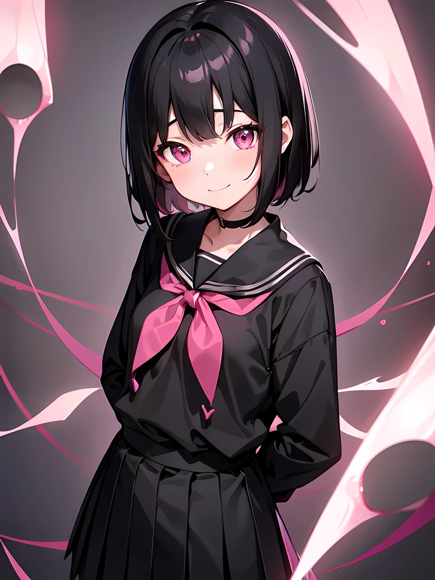 Anime, girl, age, hime-cut, short hair, black hair, red eyes, cool, earrings, night, highlights pink under hair, big boob, sexy-cute, full-bodied, school uniform, licking the lollipop, hair clips,