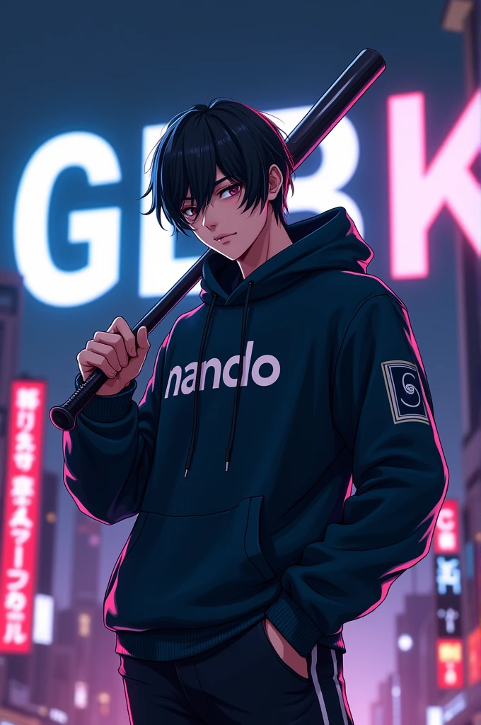 Create a character anime, {{background: large text “GLBK”, night city}}, realistic, HDR, handsome, japan style, full body, use stick baseball, age 20, hoodie HD text: “NANDO”